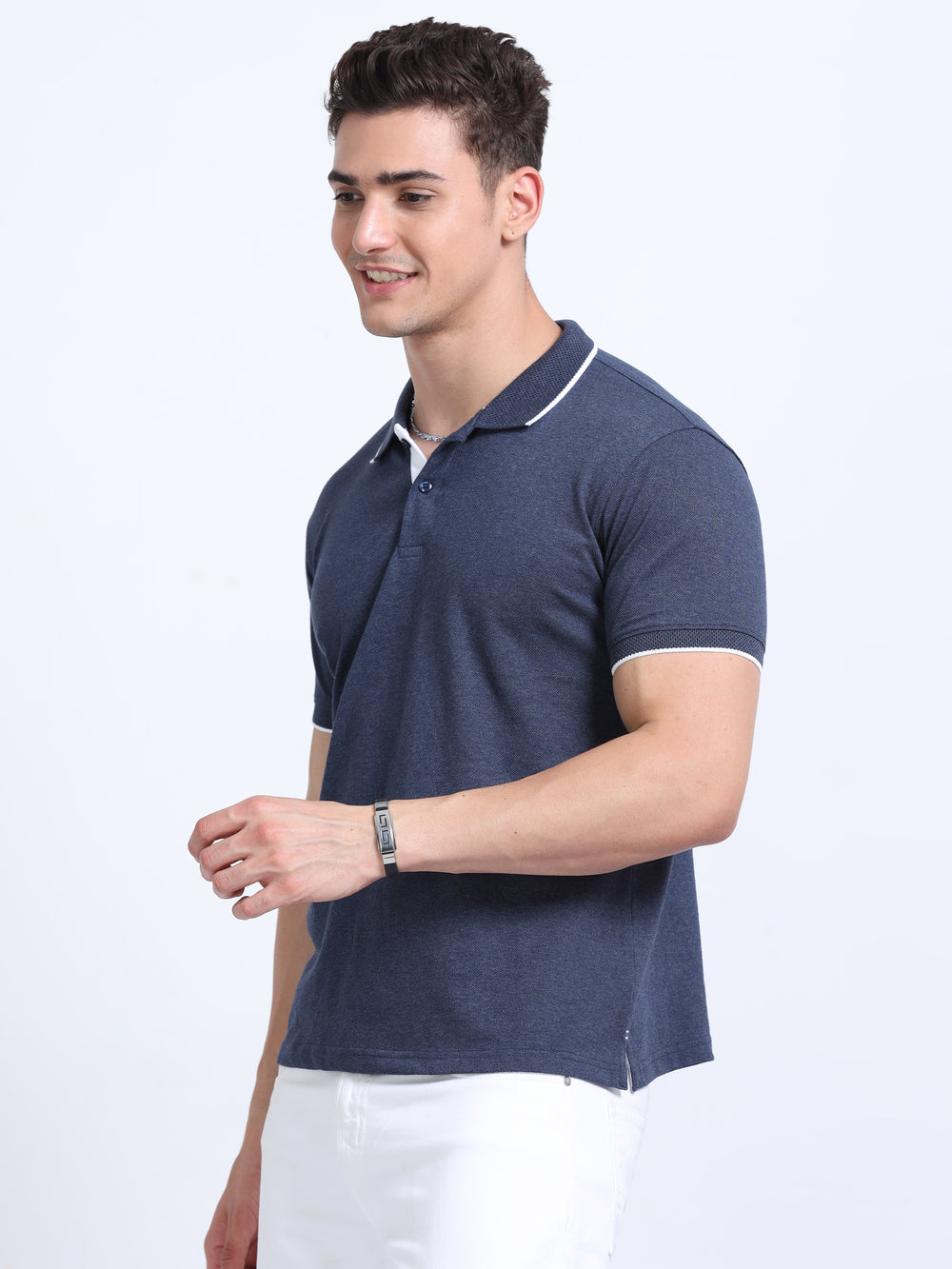 EcoBlend Polo Tshirts - Navy Melange with White Tipping