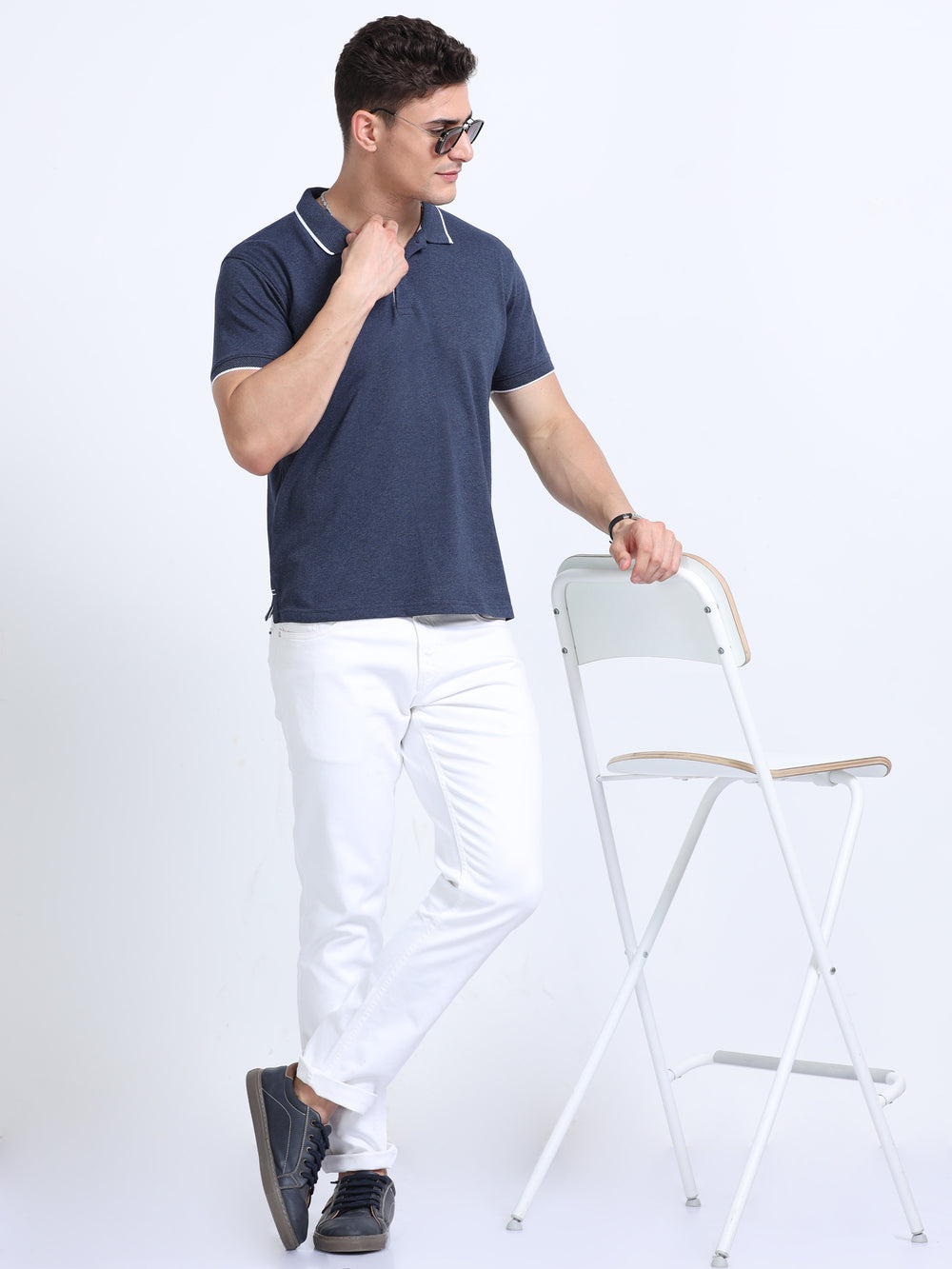 EcoBlend Polo Tshirts - Navy Melange with White Tipping