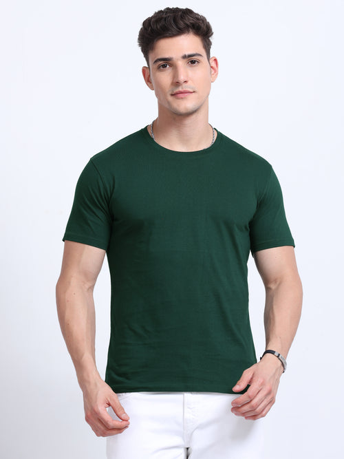 Biowashed Round Neck 100% Cotton Tshirt - Bottle Green