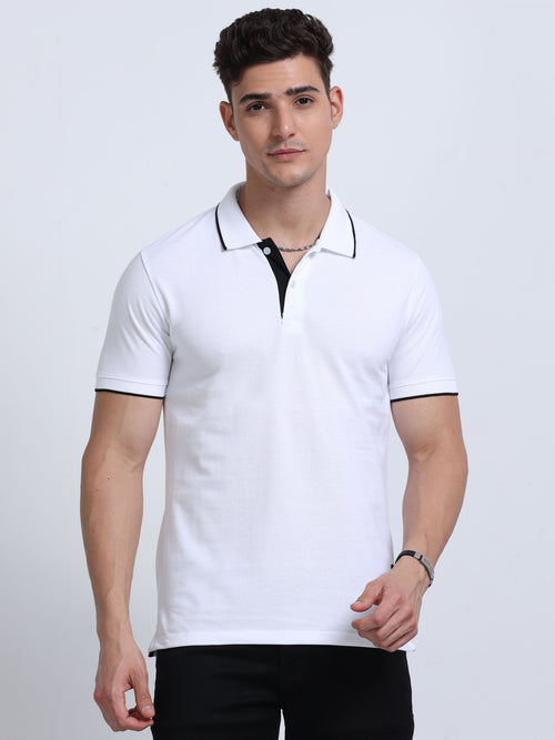 EcoBlend Polo Tshirts - White with Black Tipping