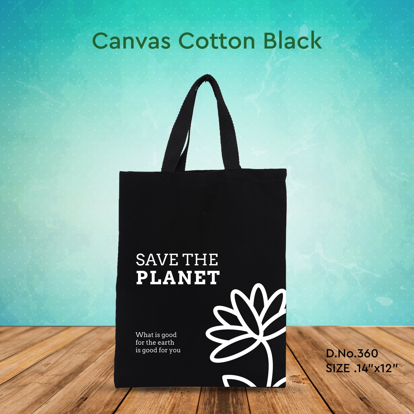 Canvas Cotton Black Bag - 14" x 12" - 300 GSM