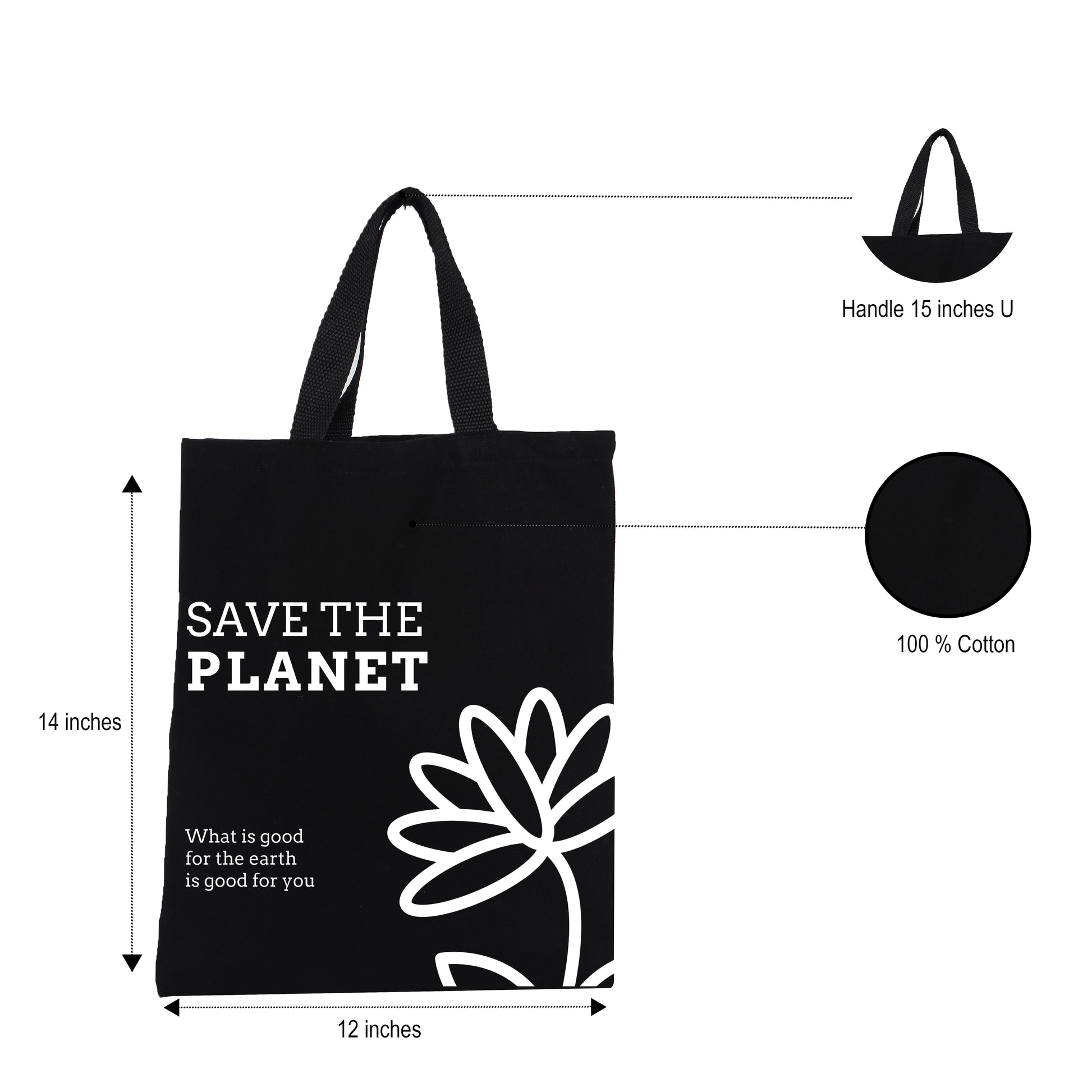 Canvas Cotton Black Bag - 14" x 12" - 300 GSM