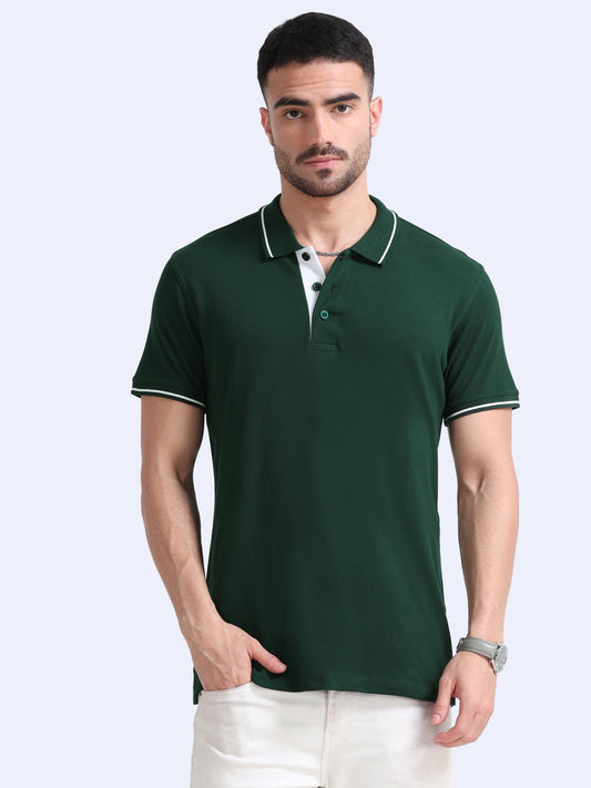 Biowashed Organic Polo - Bottle Green with White Tipping