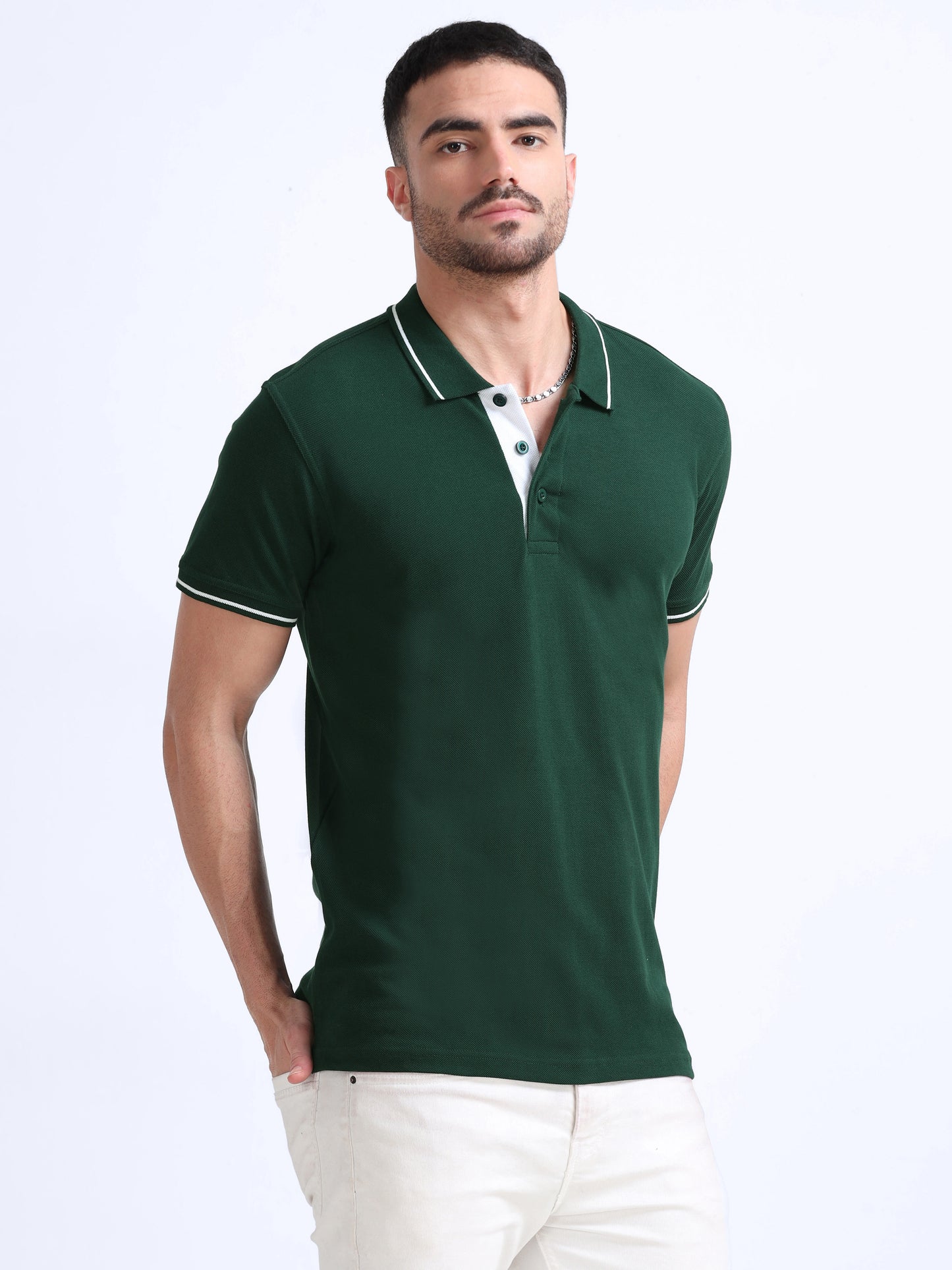 Biowashed Organic Polo - Bottle Green with White Tipping