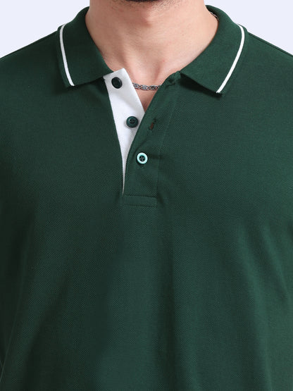 Biowashed Organic Polo - Bottle Green with White Tipping