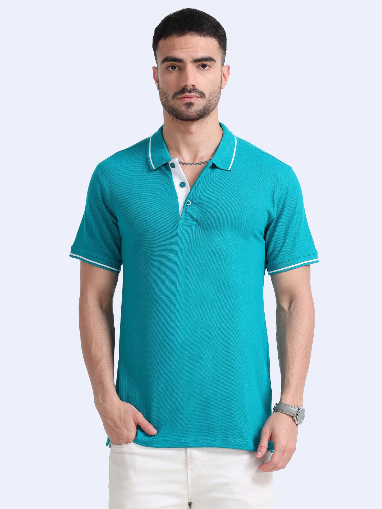 Biowashed Organic Polo - Elec Green with White Tipping