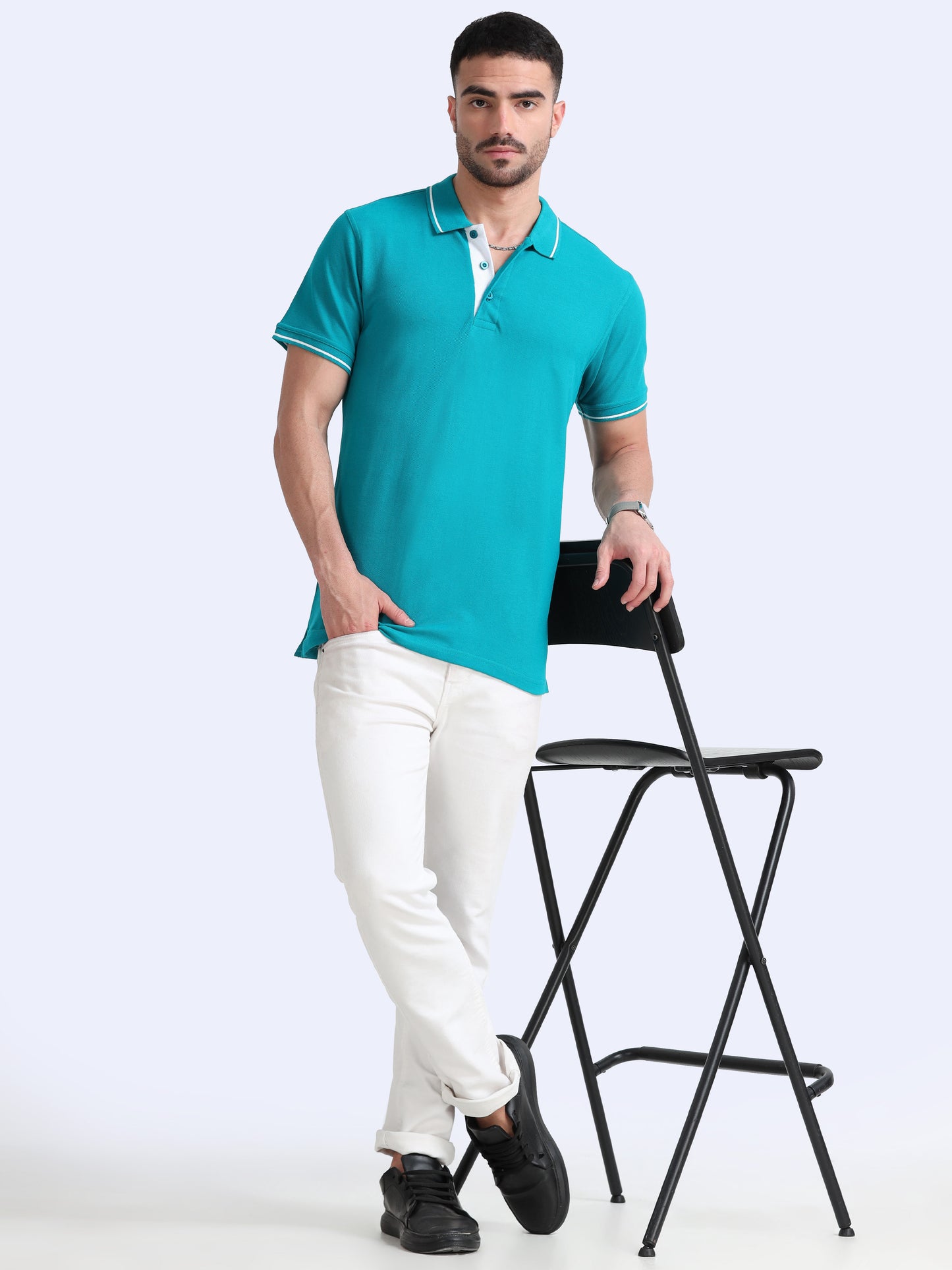 Biowashed Organic Polo - Elec Green with White Tipping