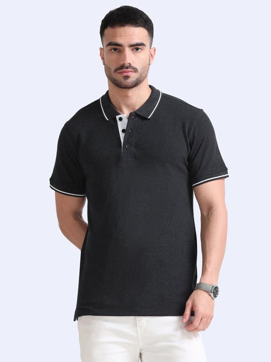 Biowashed Organic Polo - Charcoal with White Tipping