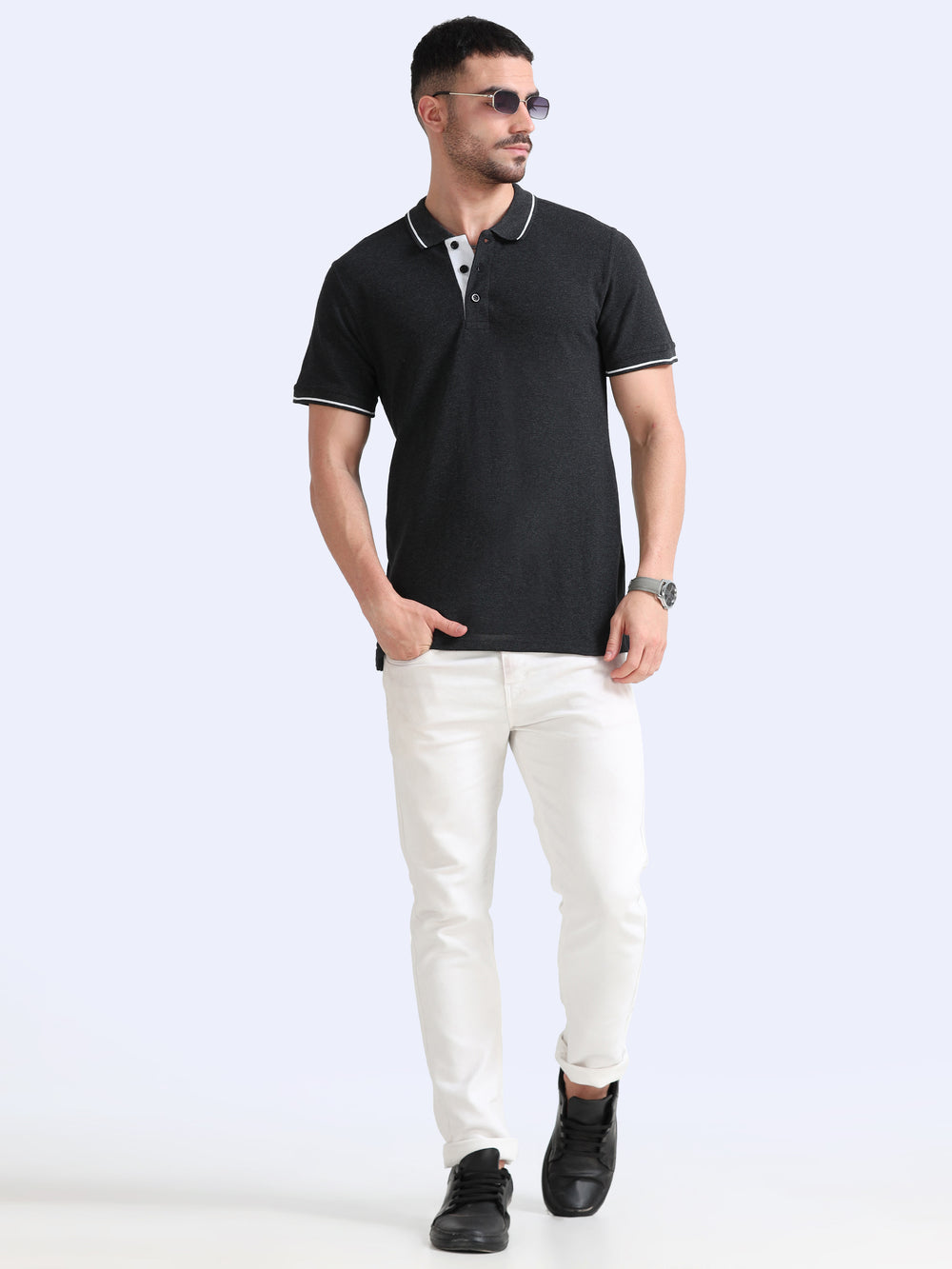Biowashed Organic Polo - Charcoal with White Tipping