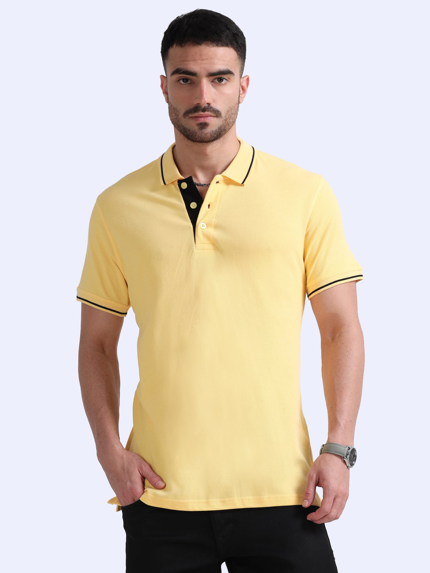 Biowashed Organic Polo - Yellow with Black Tipping