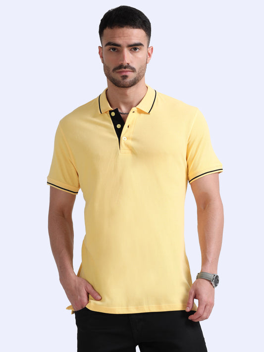 Biowashed Organic Polo - Yellow with Black Tipping