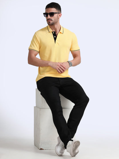 Biowashed Organic Polo - Yellow with Black Tipping