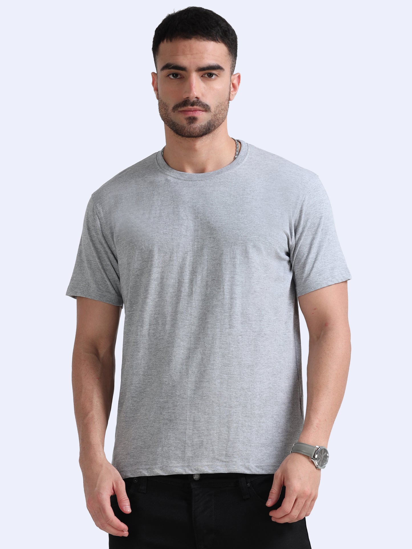 Biowashed Round Neck 100% Cotton Tshirt - Grey Melange