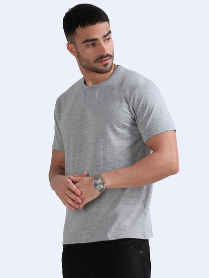 Biowashed Round Neck 100% Cotton Tshirt - Grey Melange