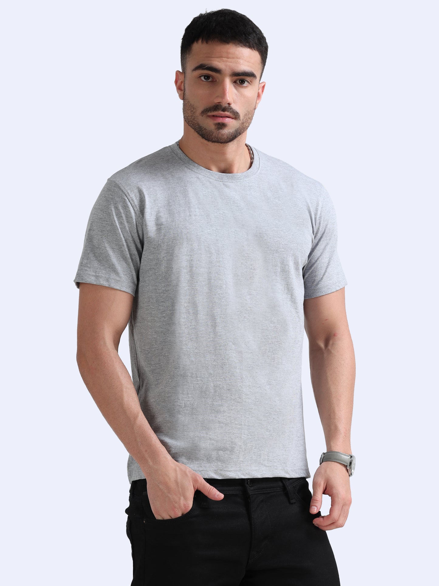 Biowashed Round Neck 100% Cotton Tshirt - Grey Melange