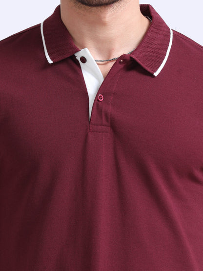 EcoBlend Polo Tshirts - Maroon with White Tipping
