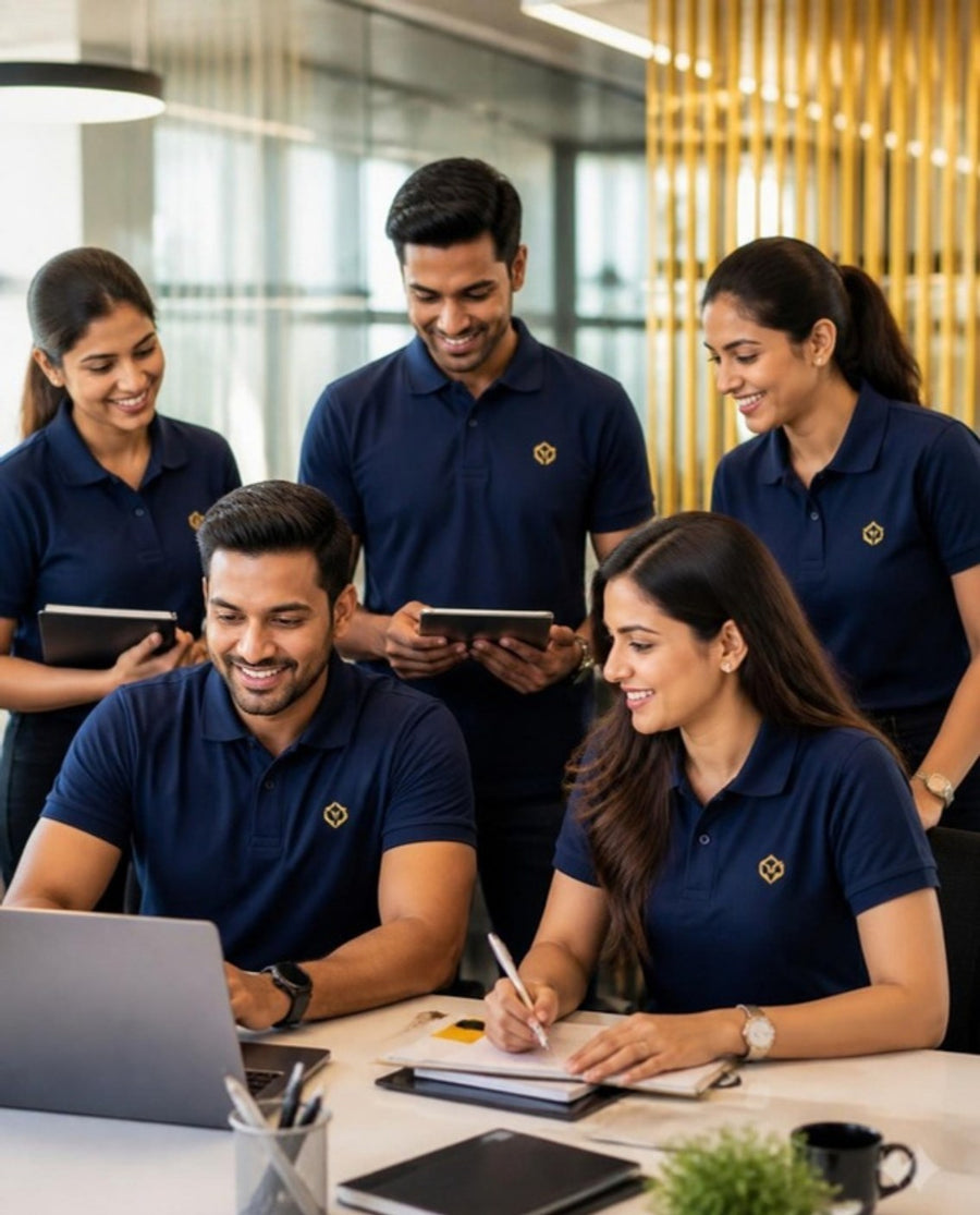 Corporate team in custom branded navy polo T-shirts
