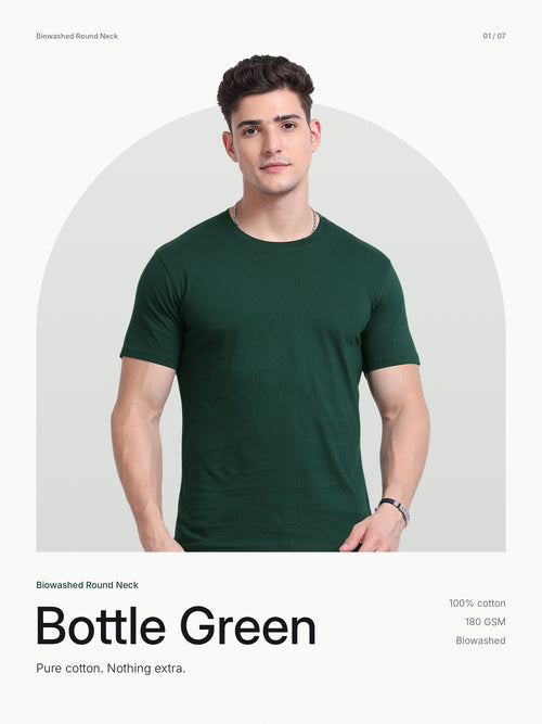 Biowashed Round Neck 100% Cotton Tshirt - Bottle Green