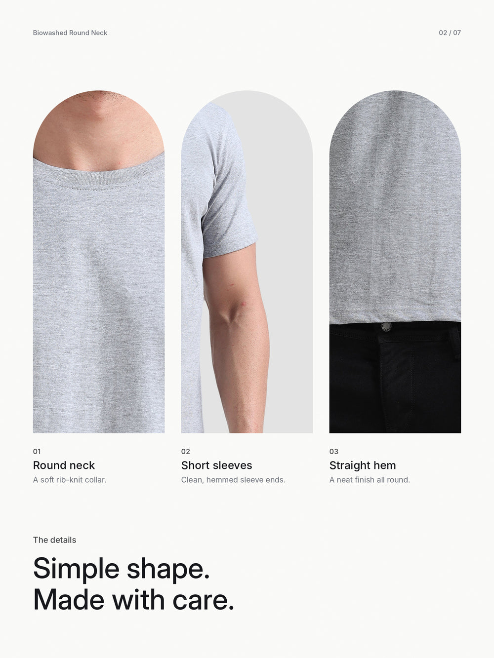 Biowashed Round Neck 100% Cotton Tshirt - Grey Melange – Details