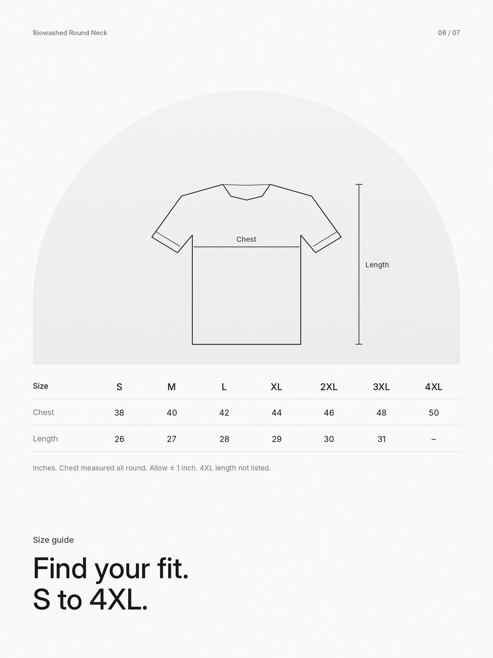 Biowashed Round Neck 100% Cotton Tshirt - Grey Melange – Size guide