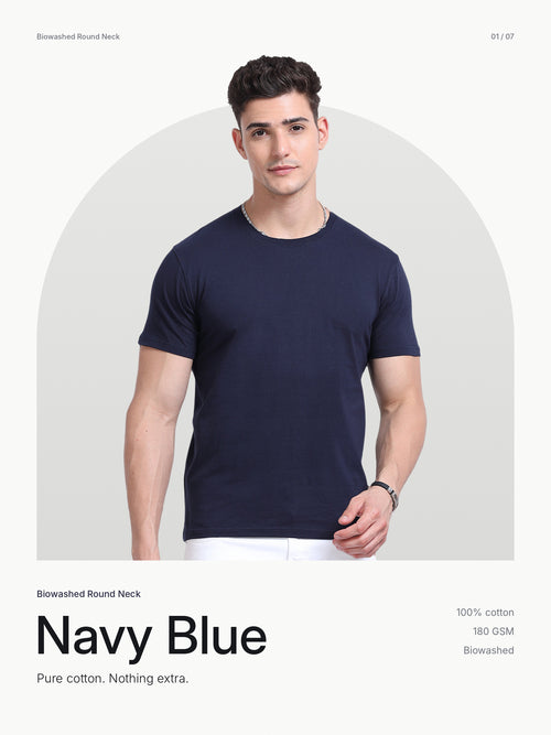 Biowashed Round Neck 100% Cotton Tshirt - Navy Blue