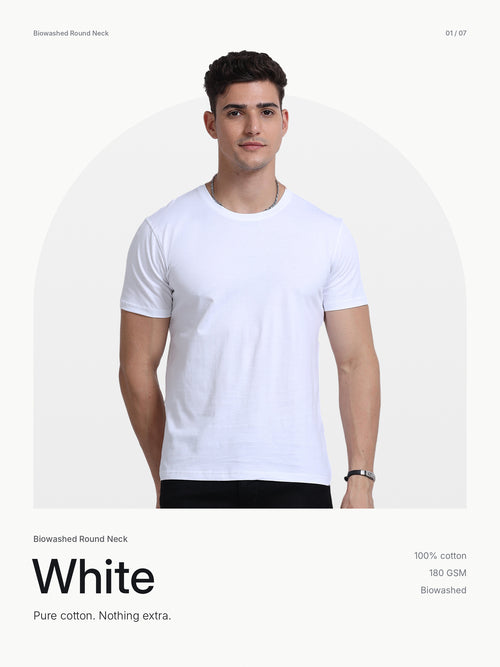 Biowashed Round Neck 100% Cotton Tshirt - White
