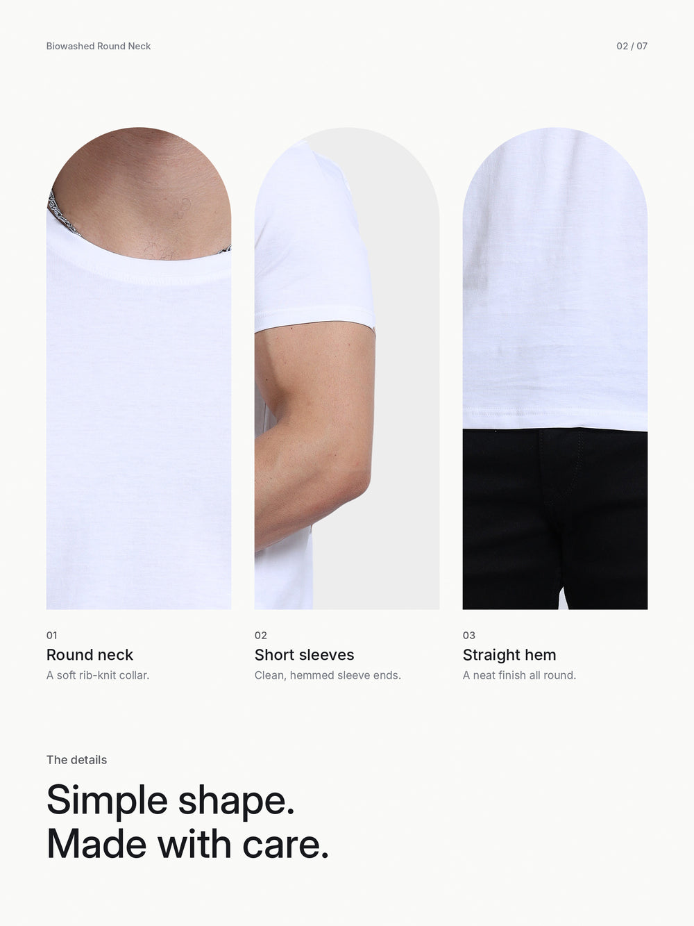 Biowashed Round Neck 100% Cotton Tshirt - White – Details
