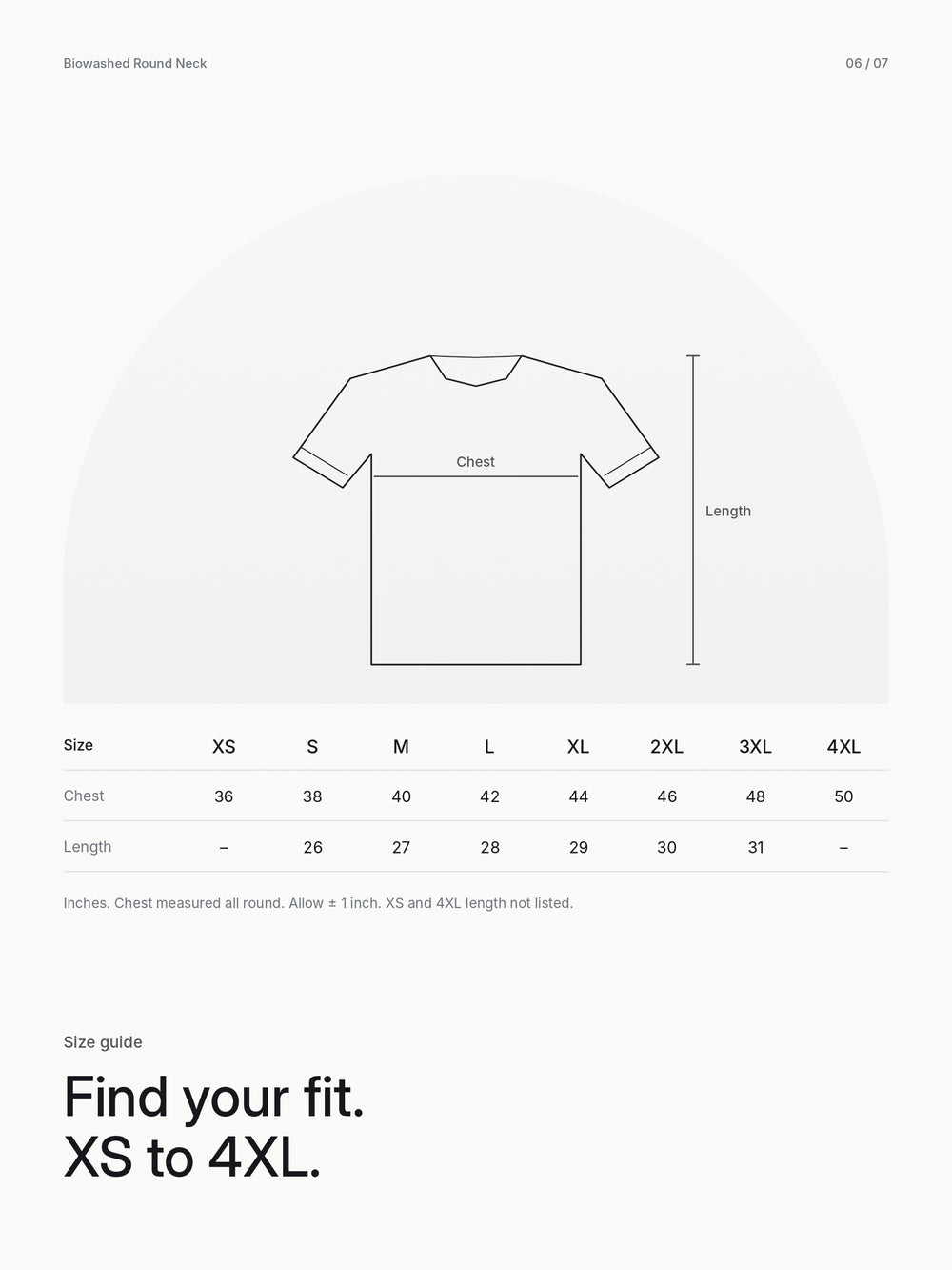 Biowashed Round Neck 100% Cotton Tshirt - White – Size guide