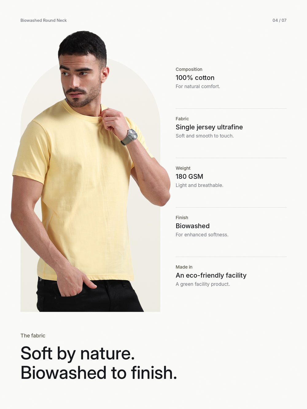 Biowashed Round Neck 100% Cotton Tshirt - Yellow – Fabric