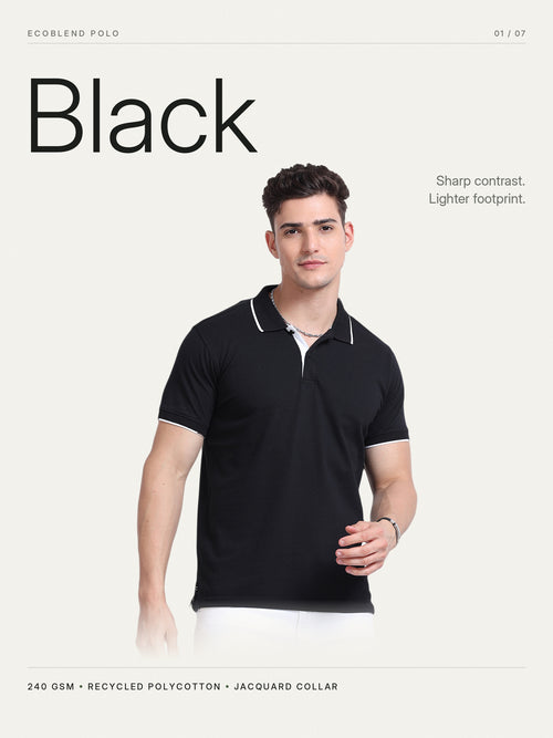 EcoBlend Polo Tshirts - Black with White Tipping