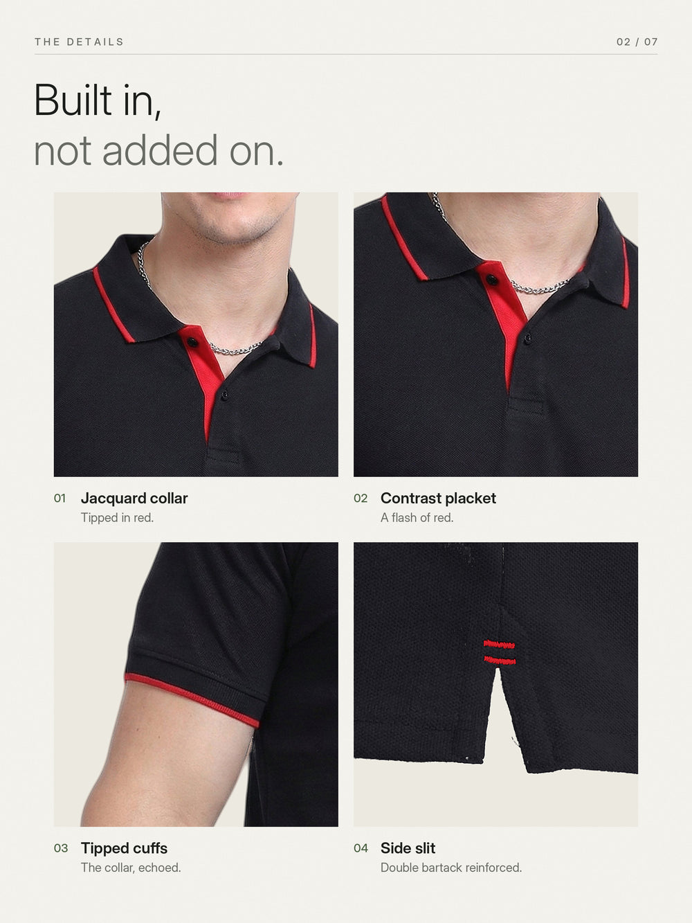 EcoBlend Polo Tshirts - Black with Red Tipping – Details