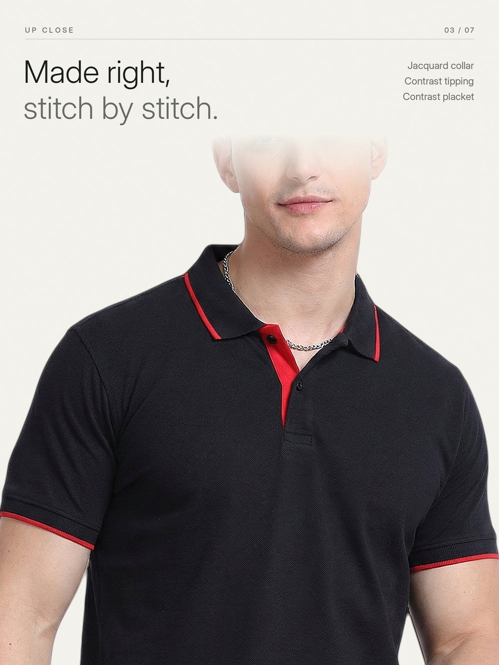 EcoBlend Polo Tshirts - Black with Red Tipping – Close-up