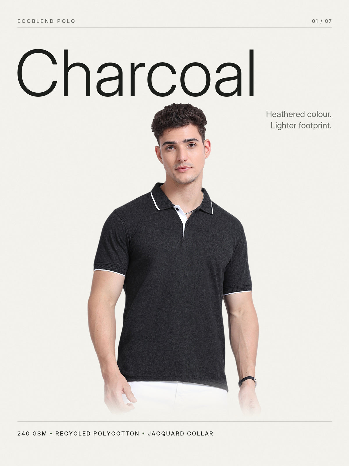 EcoBlend Polo Tshirts - Charcoal with White Tipping – Hero