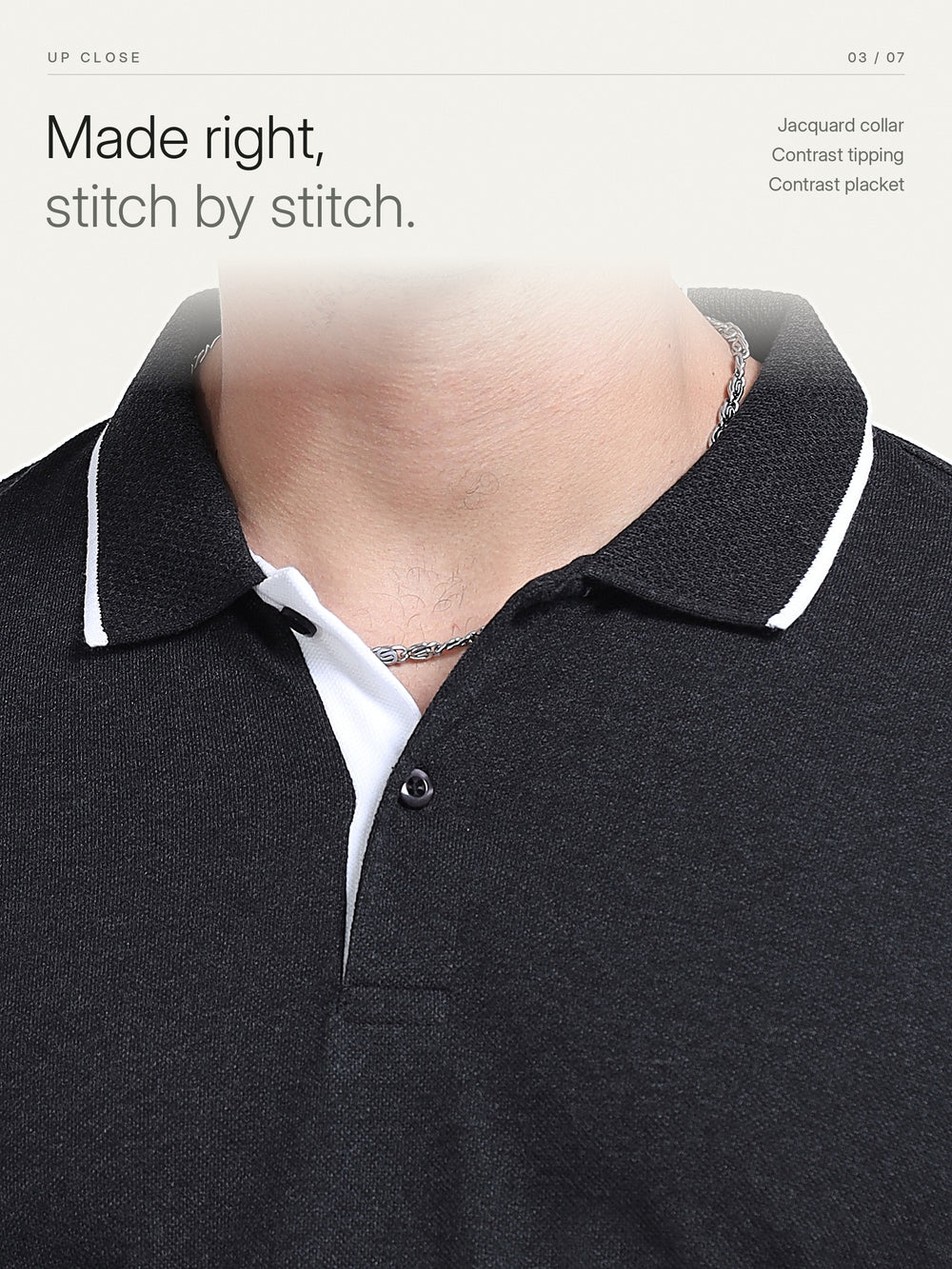 EcoBlend Polo Tshirts - Charcoal with White Tipping – Close-up