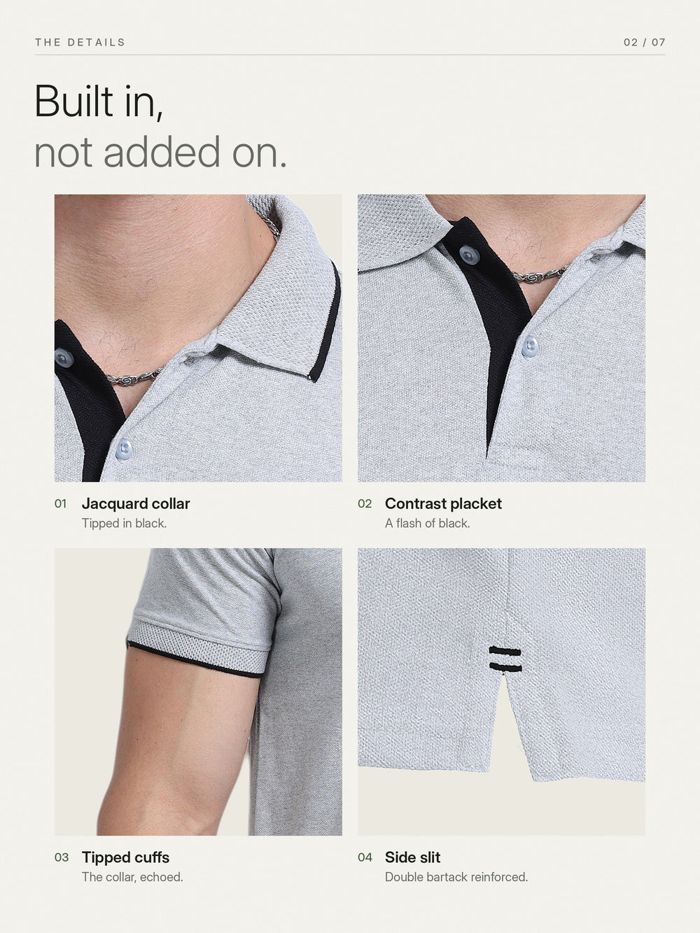 EcoBlend Polo Tshirts - Grey Melange with Black Tipping – Details