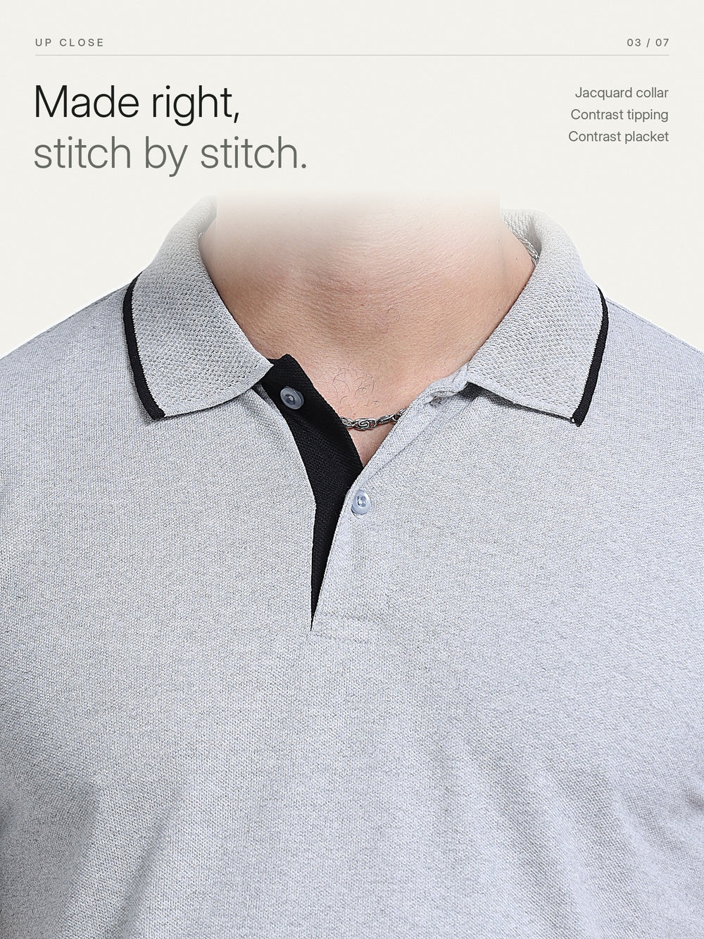 EcoBlend Polo Tshirts - Grey Melange with Black Tipping – Close-up