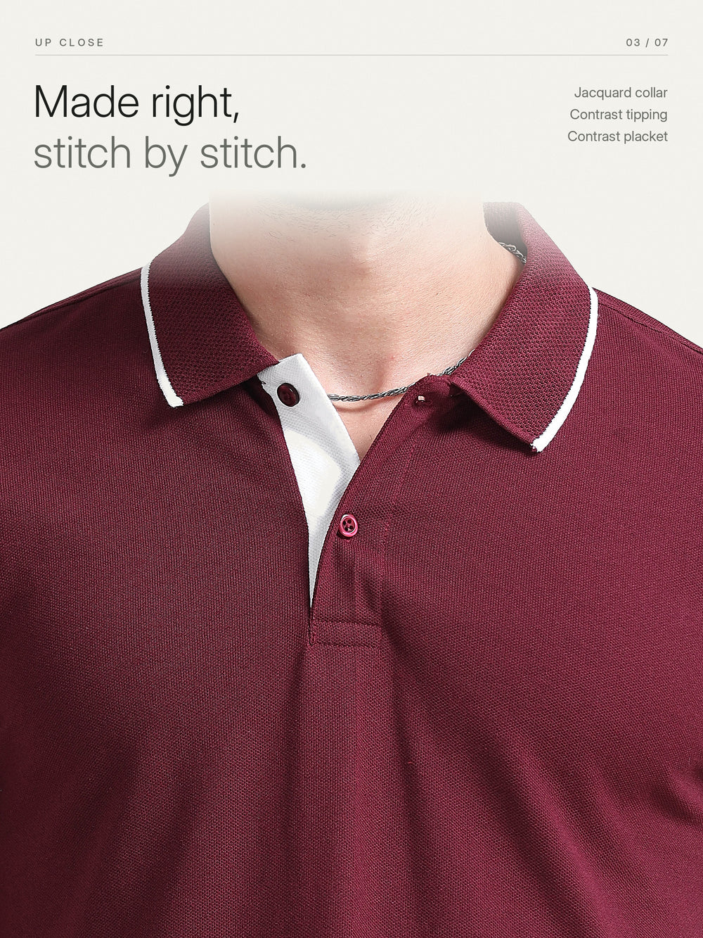 EcoBlend Polo Tshirts - Maroon with White Tipping – Close-up