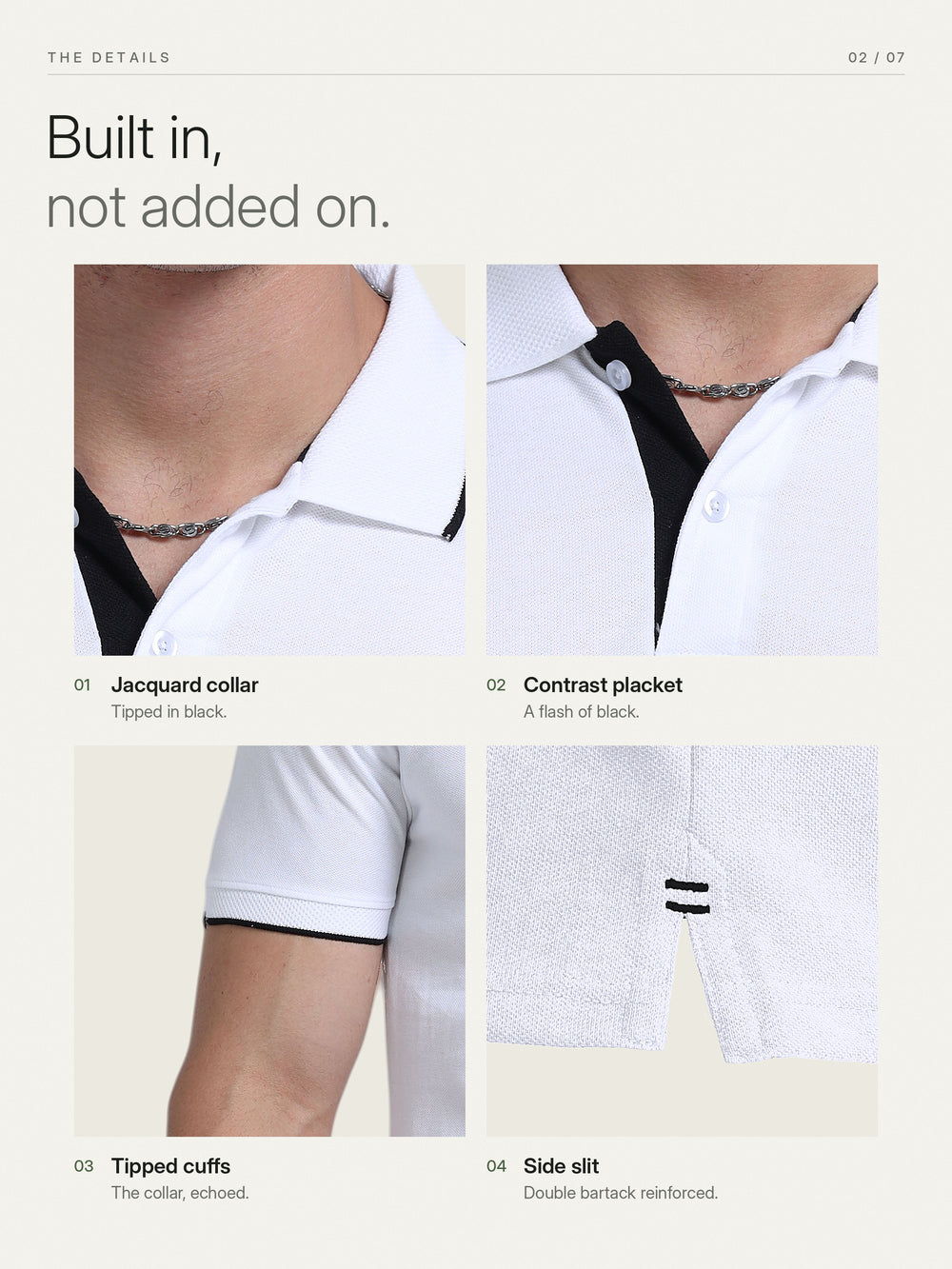 EcoBlend Polo Tshirts - White with Black Tipping – Details