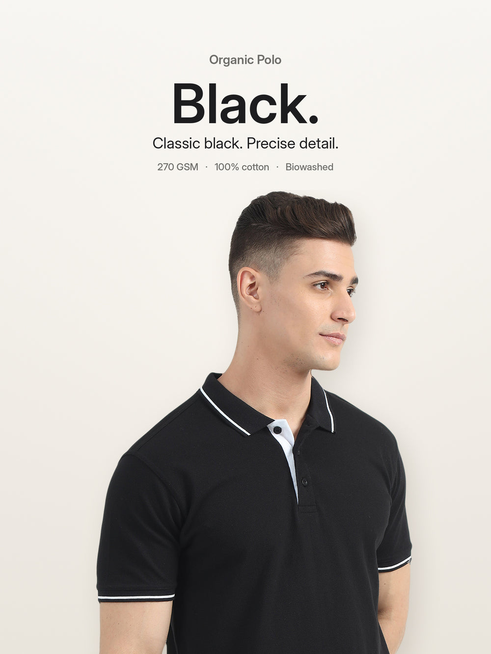 Biowashed Organic Polo - Black with White Tipping – Hero