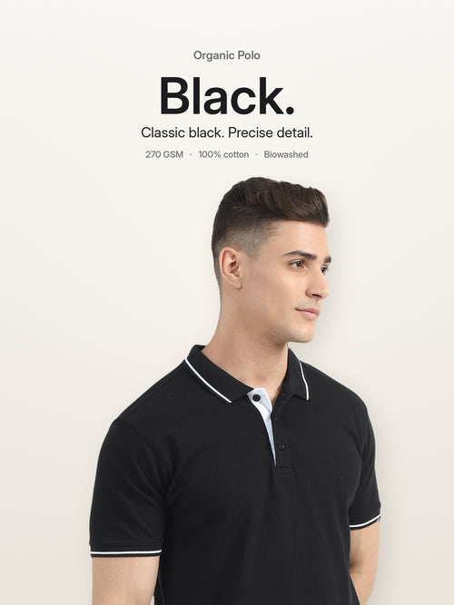 Biowashed Organic Polo - Black with White Tipping