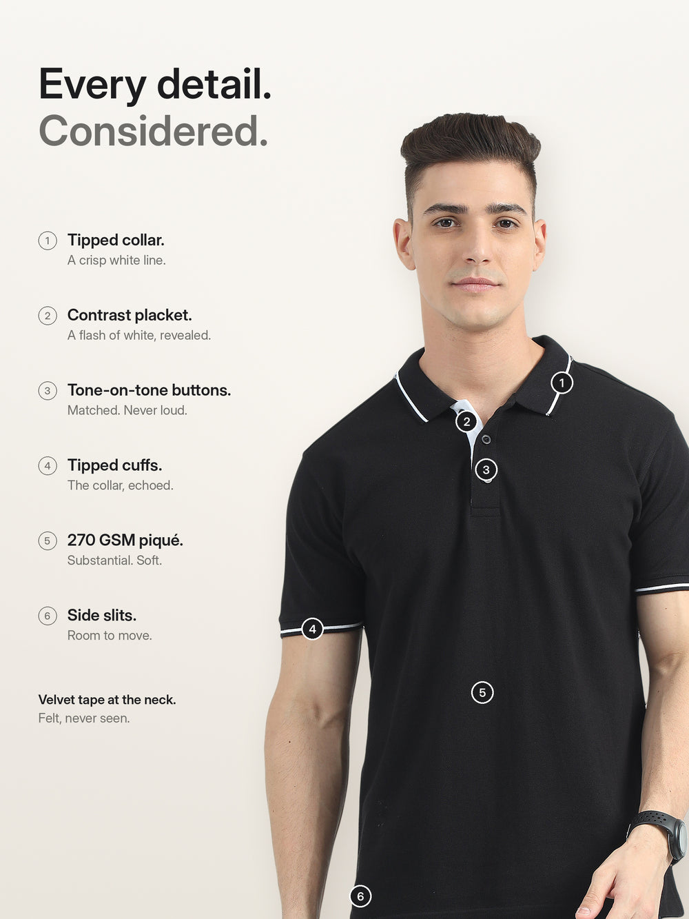 Biowashed Organic Polo - Black with White Tipping – Features