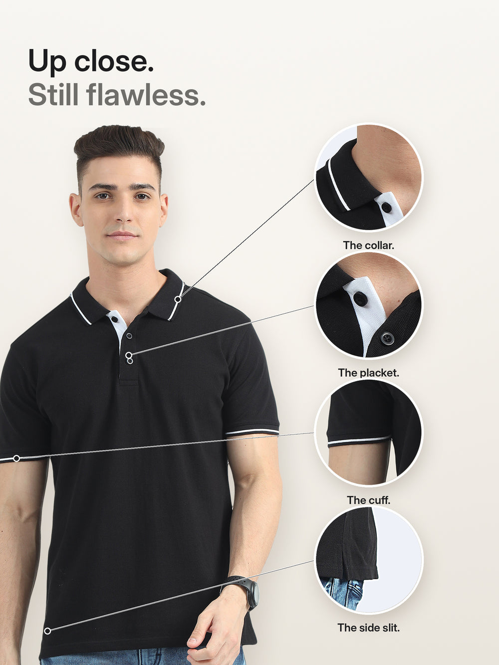 Biowashed Organic Polo - Black with White Tipping – Details