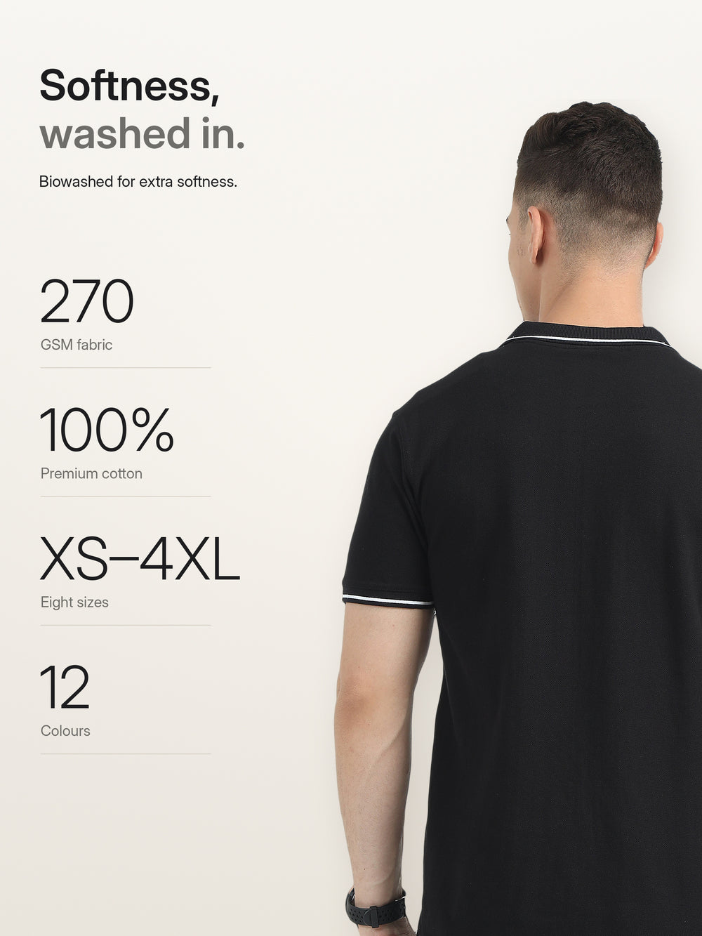 Biowashed Organic Polo - Black with White Tipping – Softness