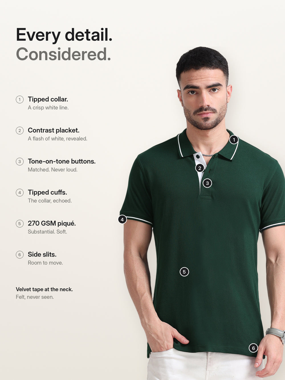 Biowashed Organic Polo - Bottle Green with White Tipping – Features