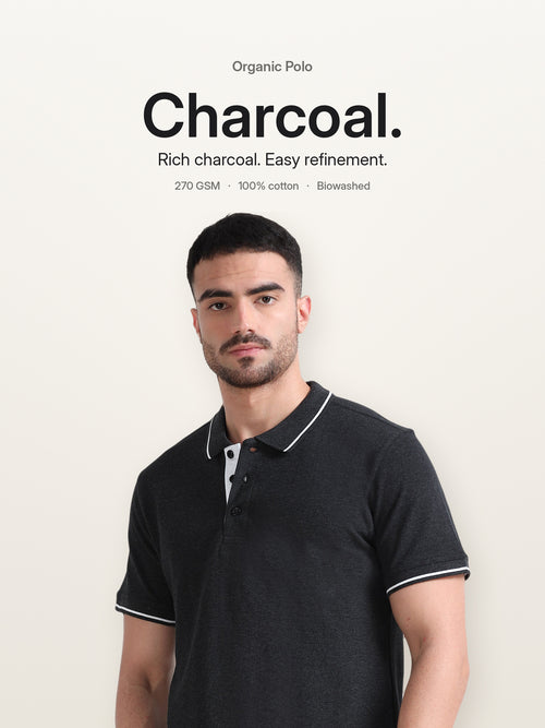 Biowashed Organic Polo - Charcoal with White Tipping