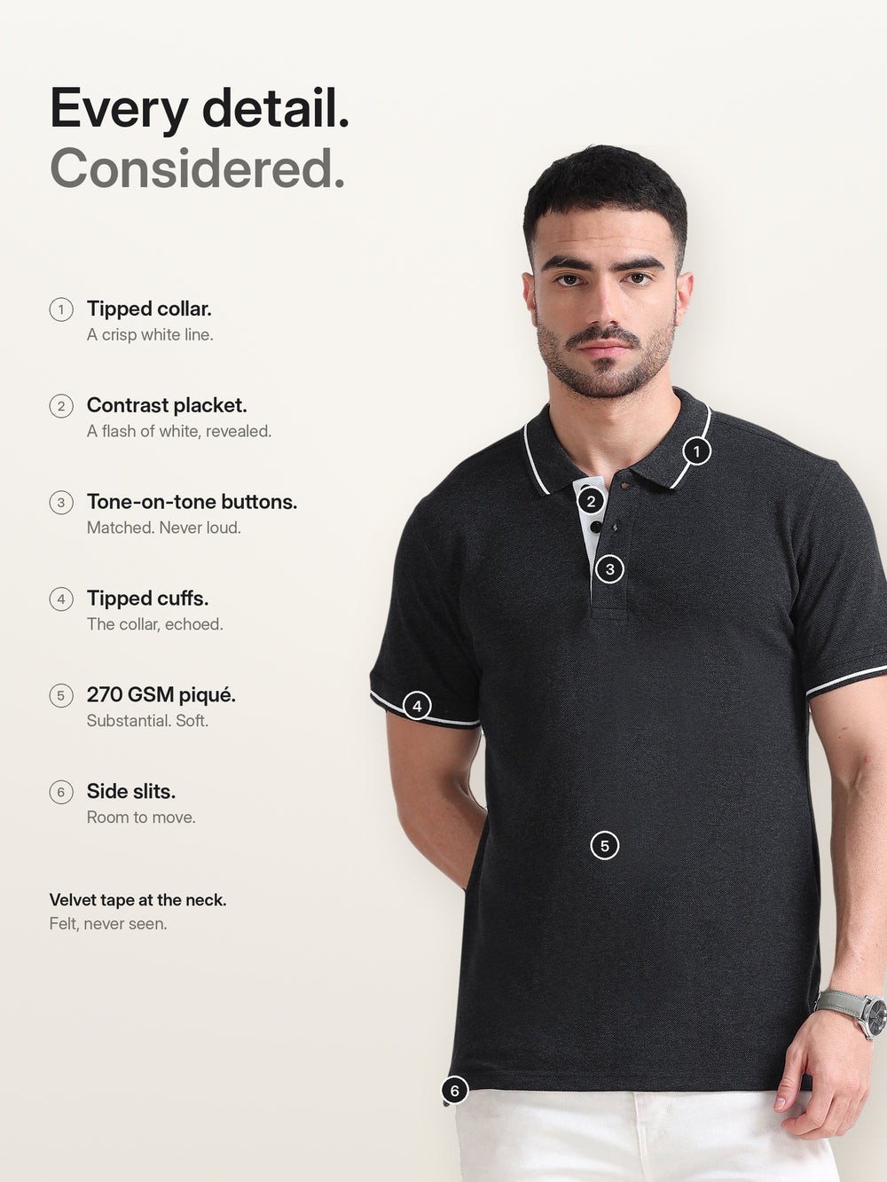 Biowashed Organic Polo - Charcoal with White Tipping – Features