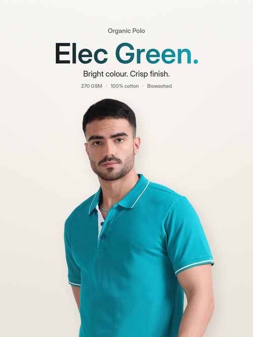 Biowashed Organic Polo - Elec Green with White Tipping
