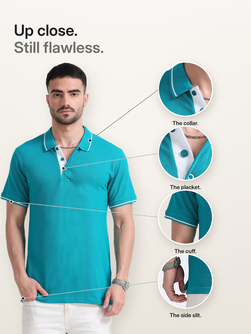 Biowashed Organic Polo - Elec Green with White Tipping – Details