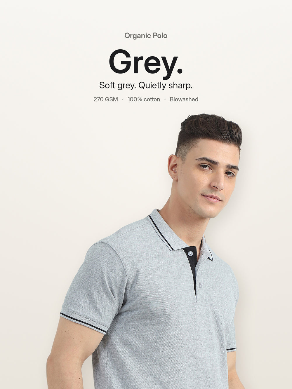 Biowashed Organic Polo - Grey with Black Tipping – Hero