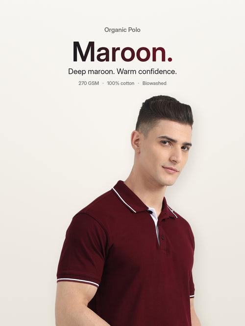 Biowashed Organic Polo - Maroon with White Tipping